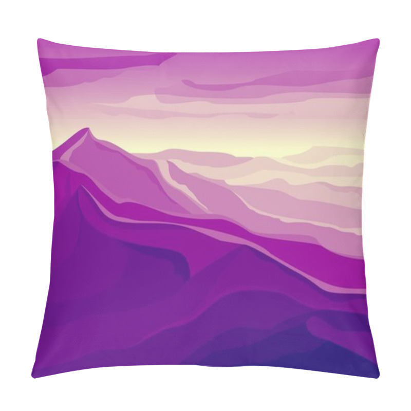 Personality  Bright Purple Landscape With High Mountains, Sunrise, Sunset. Vector Panorama Of Eps10. Pillow Covers