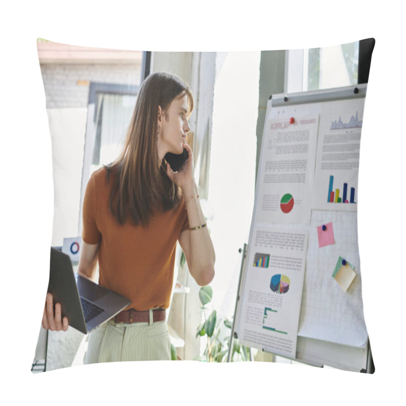 Personality  A Young Non Binary Person Thoughtfully Converses While Holding A Laptop And Observing Charts. Pillow Covers