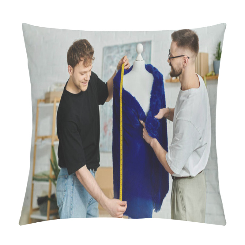 Personality  Two Men, A Gay Couple, Stand Beside A Mannequin In A Designer Workshop Creating Trendy Attire. Pillow Covers