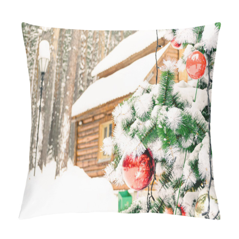 Personality  Christmas Tree With Red Balls Under Snow In Pine Forest. Preparation For New Year Pillow Covers