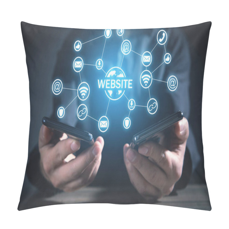 Personality  Man Holding Smartphones. Website Concept Pillow Covers