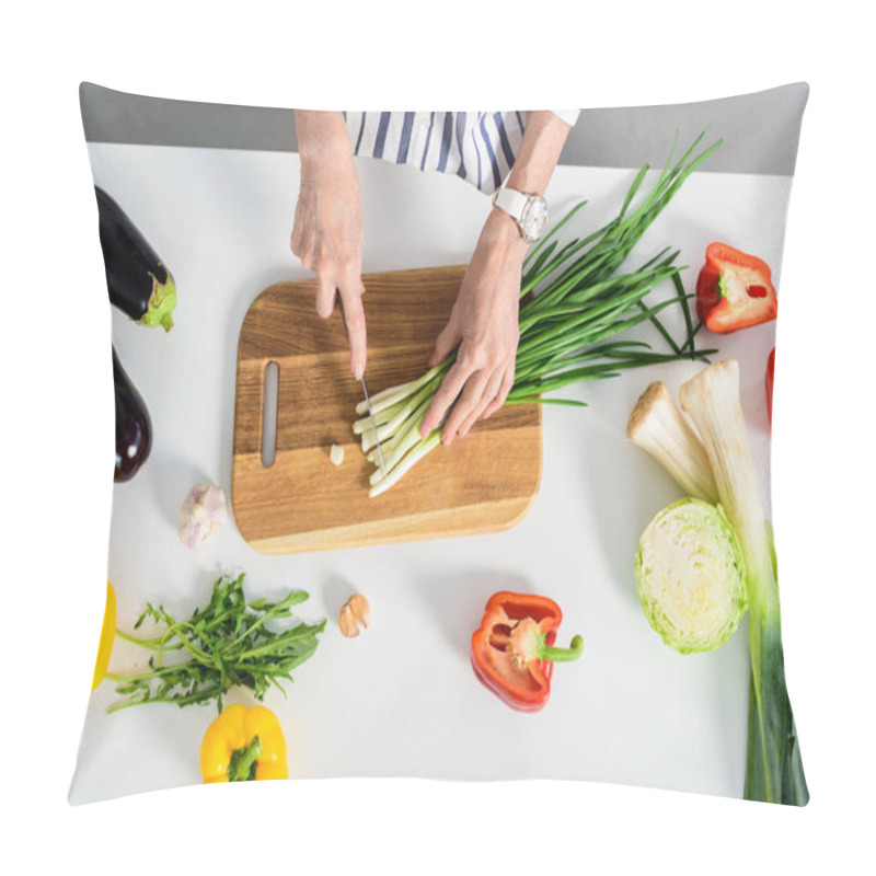 Personality  Cropped Image Of Senior Woman Cutting Green Onion In Kitchen  Pillow Covers