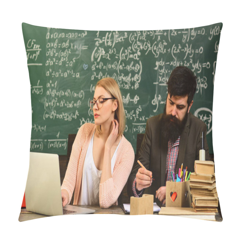 Personality  Modern Teacher Hipster Writing On Big Blackboard With Math Formula, Teacher Respects Students, Smiling Adult Students During Break In Classroom Interior Pillow Covers