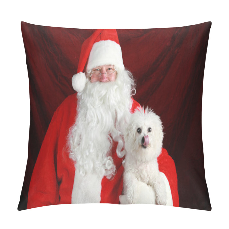 Personality  Christmas Santa Claus. Christmas Bichon Frise Dog. Santa Claus Holds A Bichon Frise Dog. Santa Holds His Bichon Frise Dog. Santa Holds His Pure Breed Bichon Frise Dog For A Christmas Photo. Merry Christmas.  Pillow Covers