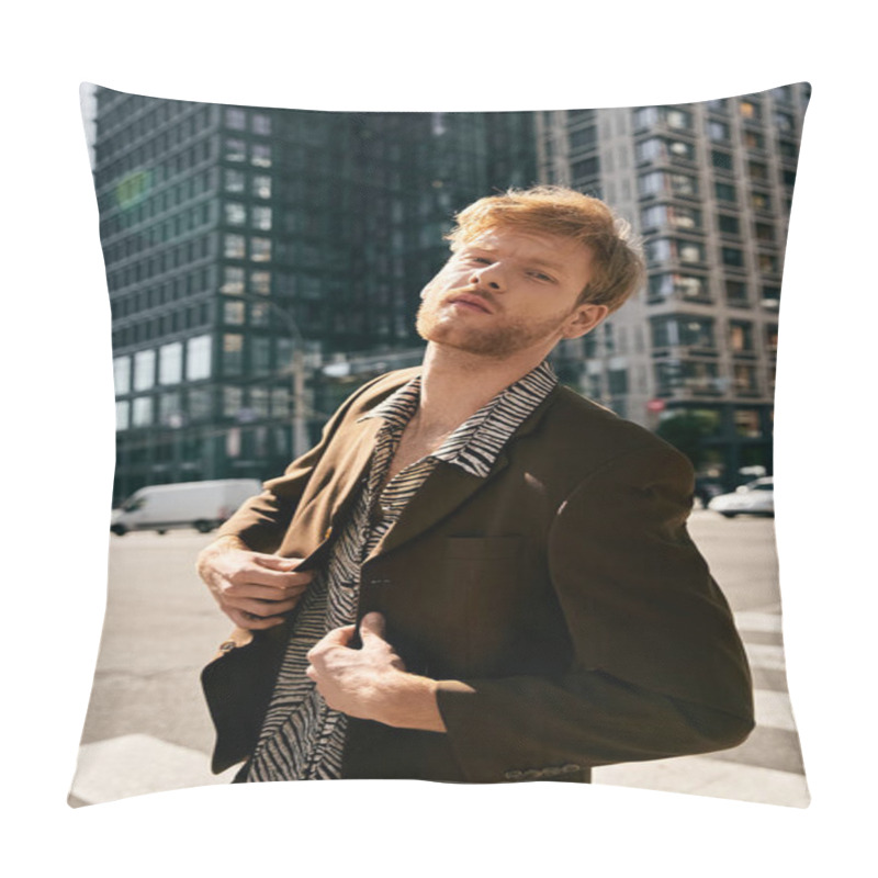 Personality  A Young Red Haired Man In Debonair Attire Standing Confidently In The Middle Of A Crosswalk In The City. Pillow Covers