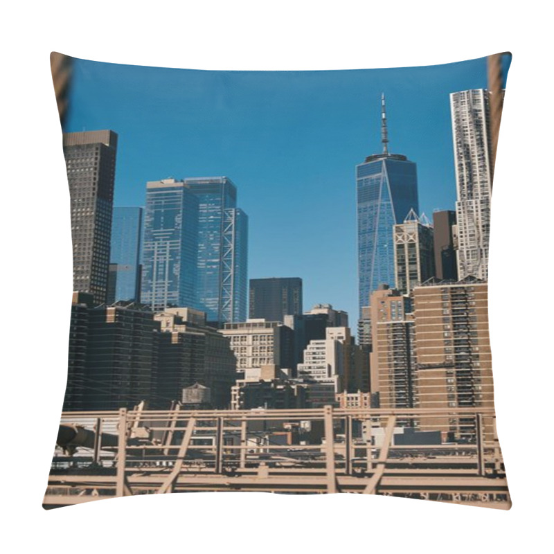 Personality  A View Of The New York City Skyline Captured Through The Metal Frame Of A Bridge. Pillow Covers