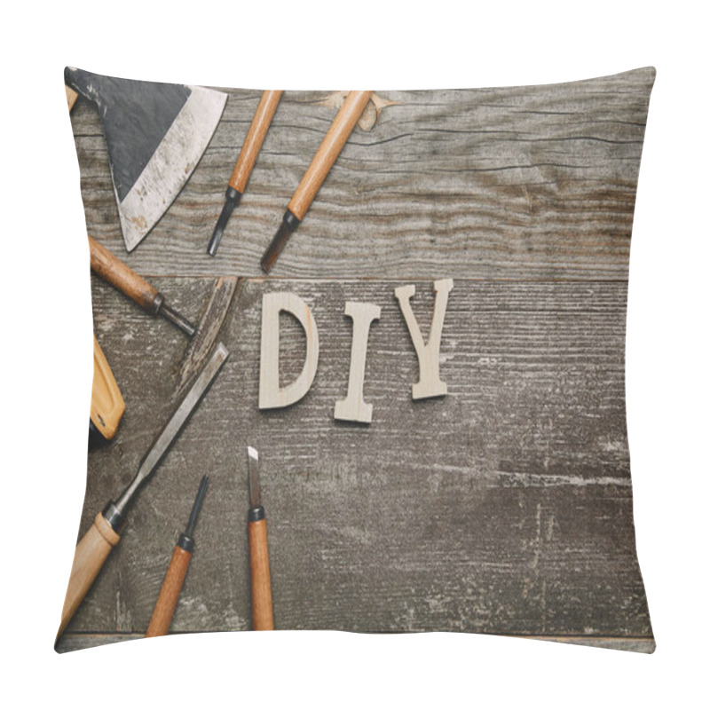 Personality  Top View Of Different Carpentry Tools And Diy Sign On Wooden Background Pillow Covers