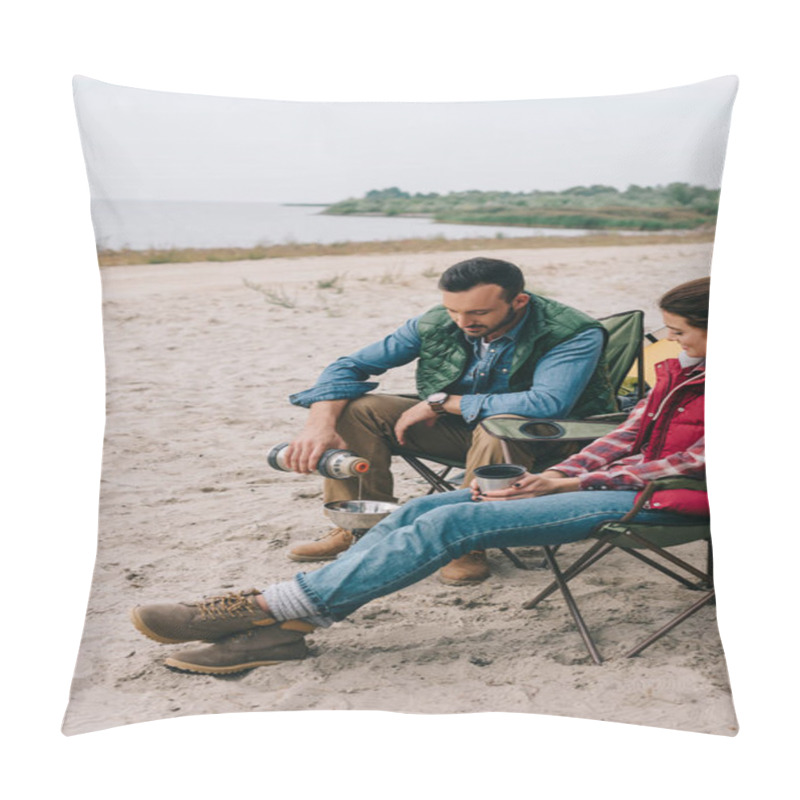 Personality  Side View Of Couple Having Camping On Sandy Beach Pillow Covers