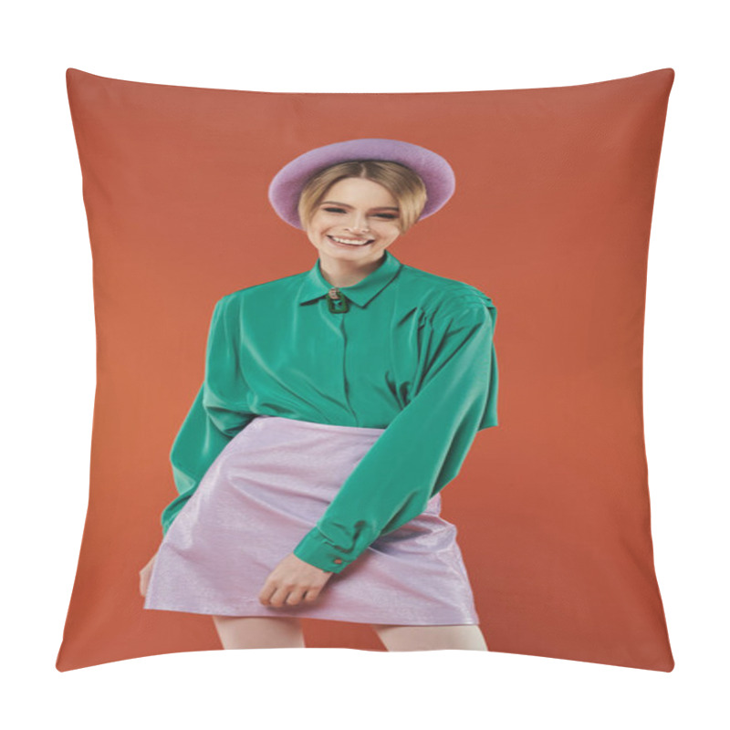 Personality  A Woman In A Green Shirt And Purple Skirt Smiles While Posing. Pillow Covers