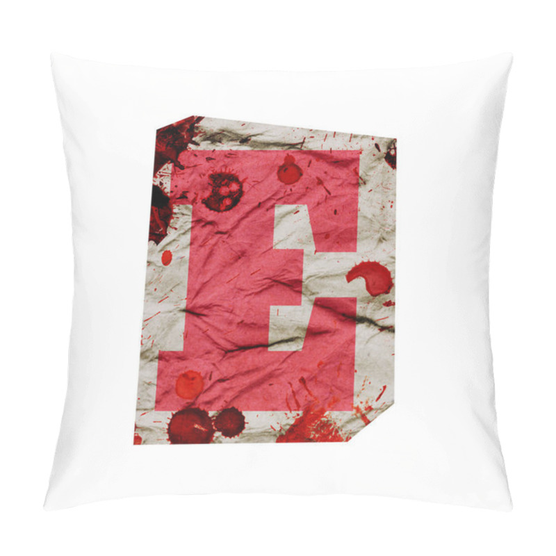 Personality  Cut Out Ransom Alphabet Letter. Blackmail Ransom Kidnapper Anonymous Note Font. English Letter Crumpled Grungy Vintage Old Paper Texture With Blood Splashes Isolated On A White. Collage Style Design Pillow Covers