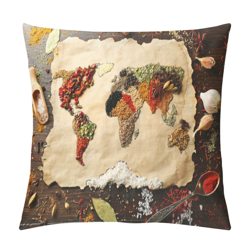 Personality  Map Of World Made From Different Kinds Of Spices On Wooden Background Pillow Covers