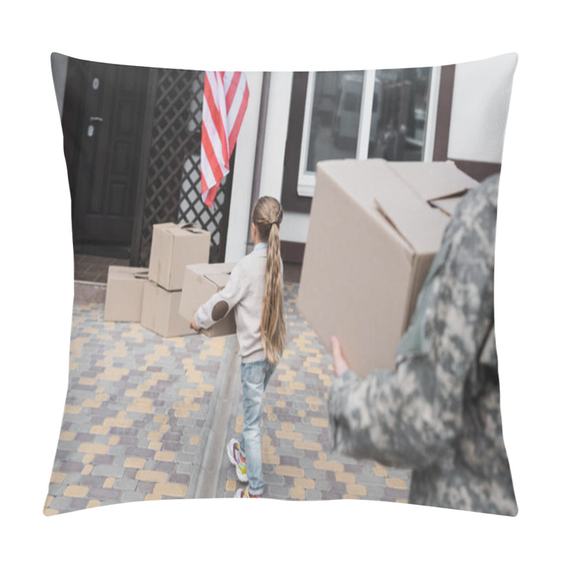 Personality  Back View Of Girl Carrying Cardboard Box Near House With Blurred Father On Foreground Pillow Covers