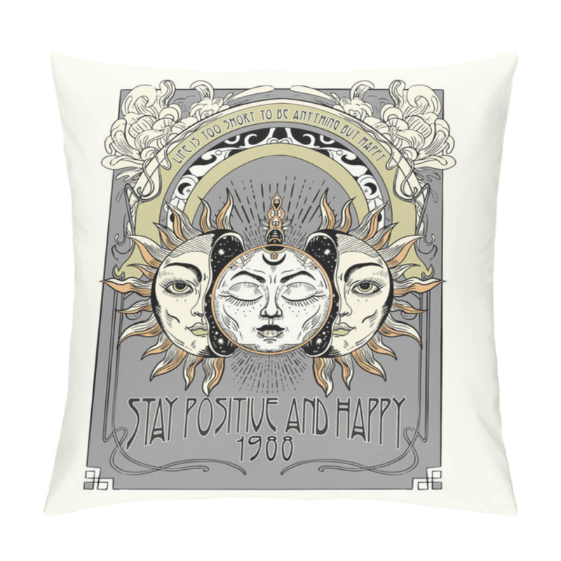 Personality  Stay Positive And Happy. Vector Illustration Of Sun - Astronomy And Astrology Symbol. Vintage, Boho Or Gypsy Style. Astrology And Alchemy Vibes. Pillow Covers