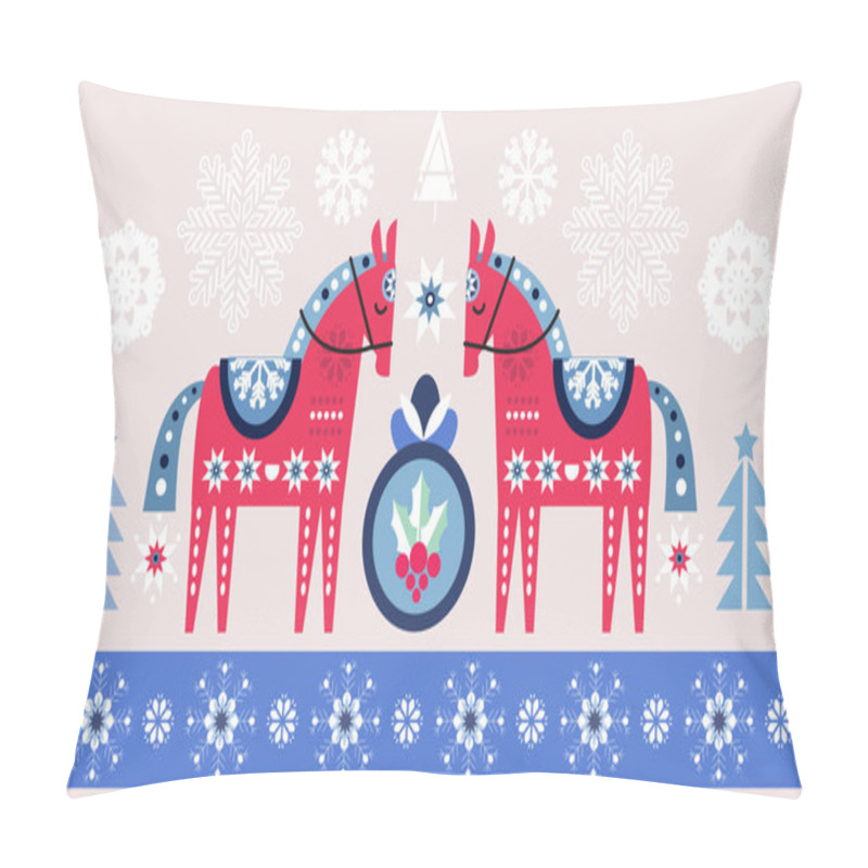 Personality  Merry Christmas Happy New Year Festive Web Banner  Holiday Winter Nordic Background  Vintage Scandinavian Deer, Tree, Ball, Snowflake  And Geometric Shapes. Vector Flat Cute Illustration Pillow Covers