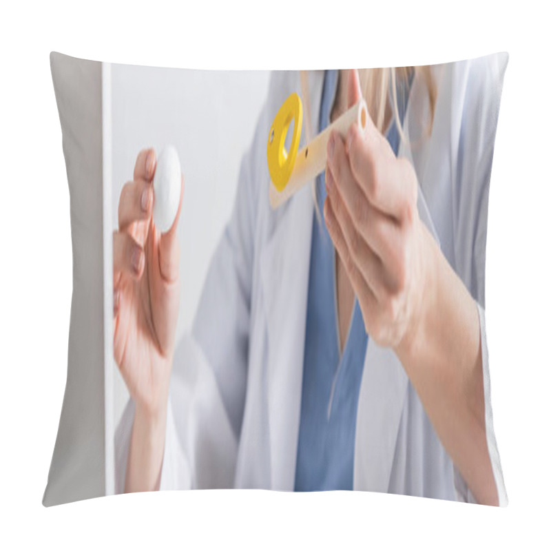 Personality  Cropped View Of Speech Therapist In White Coat Holding Respiratory Muscle Trainer Near Laptop In Consulting Room, Banner  Pillow Covers