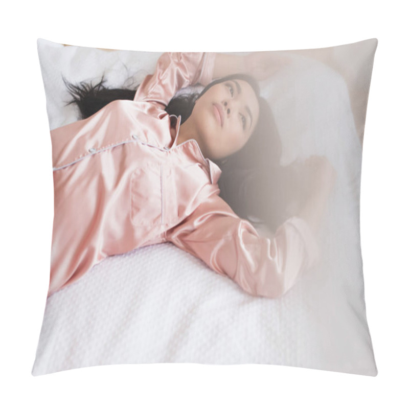 Personality  High Angle View Of Young Asian Woman Lying Outside Curtain On White Linen With Outstretched Hands In Bedroom Pillow Covers