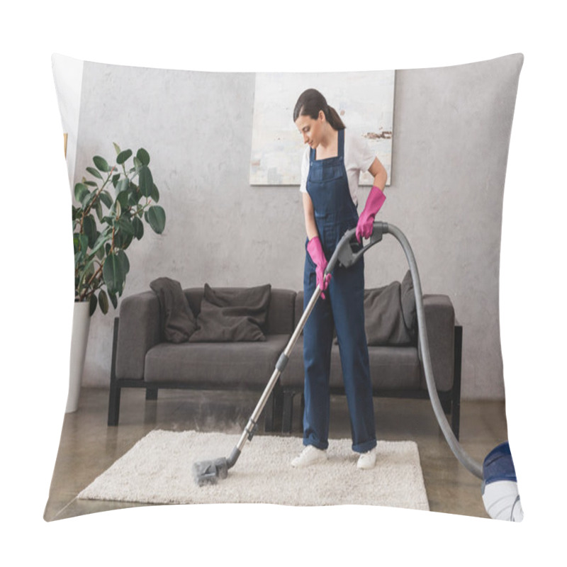 Personality  Beautiful Cleaner In Workwear And Rubber Gloves Using Vacuum Cleaner With Hot Steam On Carpet In Living Room Pillow Covers