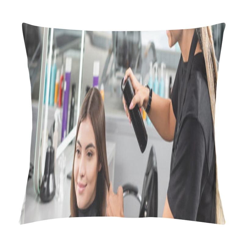 Personality  Salon Services, Hair Spray, Happy Hairdresser With Braids Styling Hair Of Female Customer, Happy Brunette Woman With Short Hair, Beauty Salon, Hair Professional, Hairdressing Cape, Banner Pillow Covers