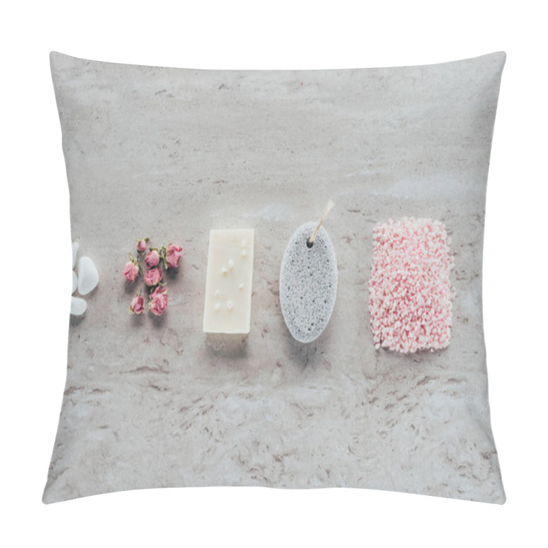 Personality  Top View Of Stones, Dried Roses, Natural Soap, Pumice And Himalayan Salt For Spa On Marble Surface Pillow Covers