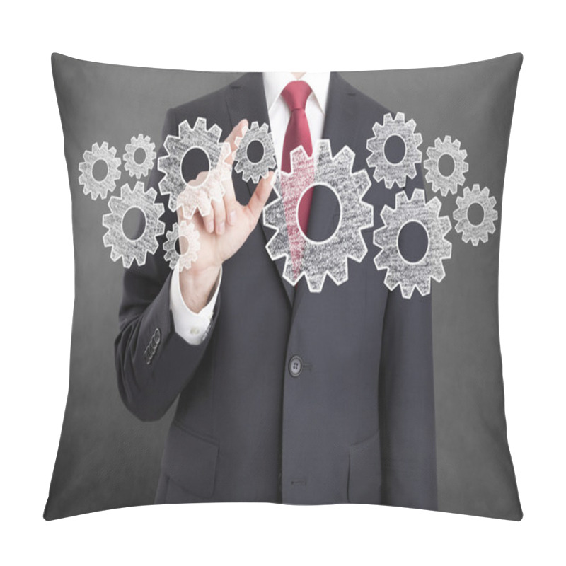 Personality  Businessman With Gears, Concept Of Well Organized Work Process. Pillow Covers