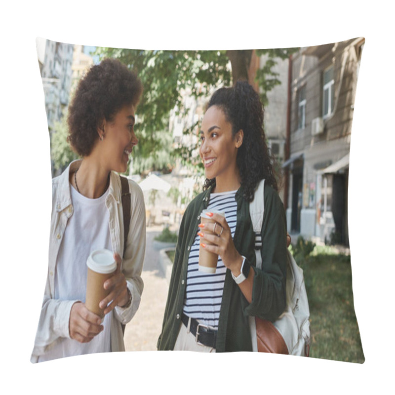 Personality  A Joyful Couple Shares Coffee And Laughter While Exploring A Vibrant Outdoor Setting Together. Pillow Covers