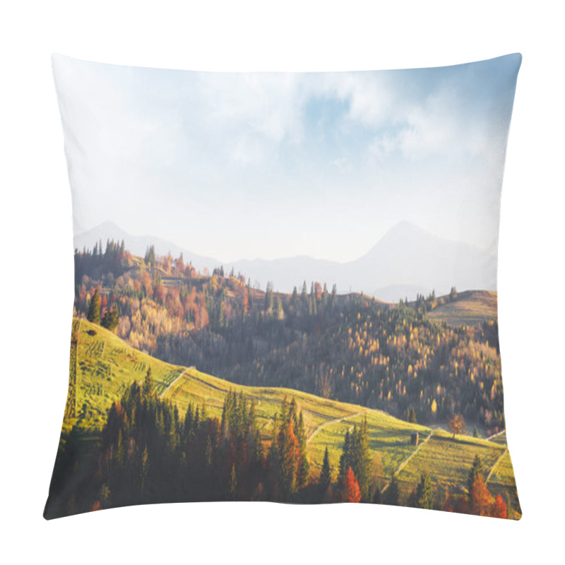 Personality  Amazing Scene On Autumn Mountains. Yellow And Orange Trees In Fantastic Morning Sunlight. Carpathians, Europe. Landscape Photography Pillow Covers