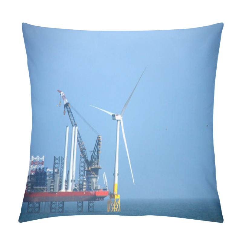 Personality  Wind Turbines Installation. Coast Of Aberdeen, Scotland, UK. Pillow Covers