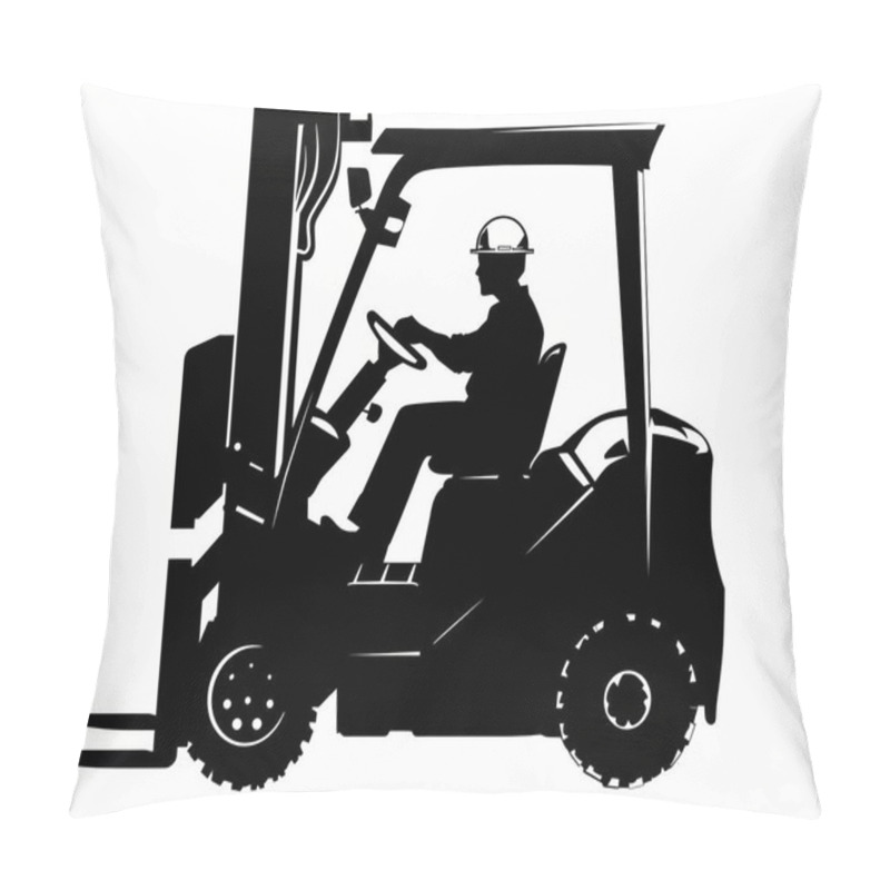 Personality  Silhouette Of A Male Worker Operating A Forklift, Wearing A Hard Hat Against A White Background. Pillow Covers