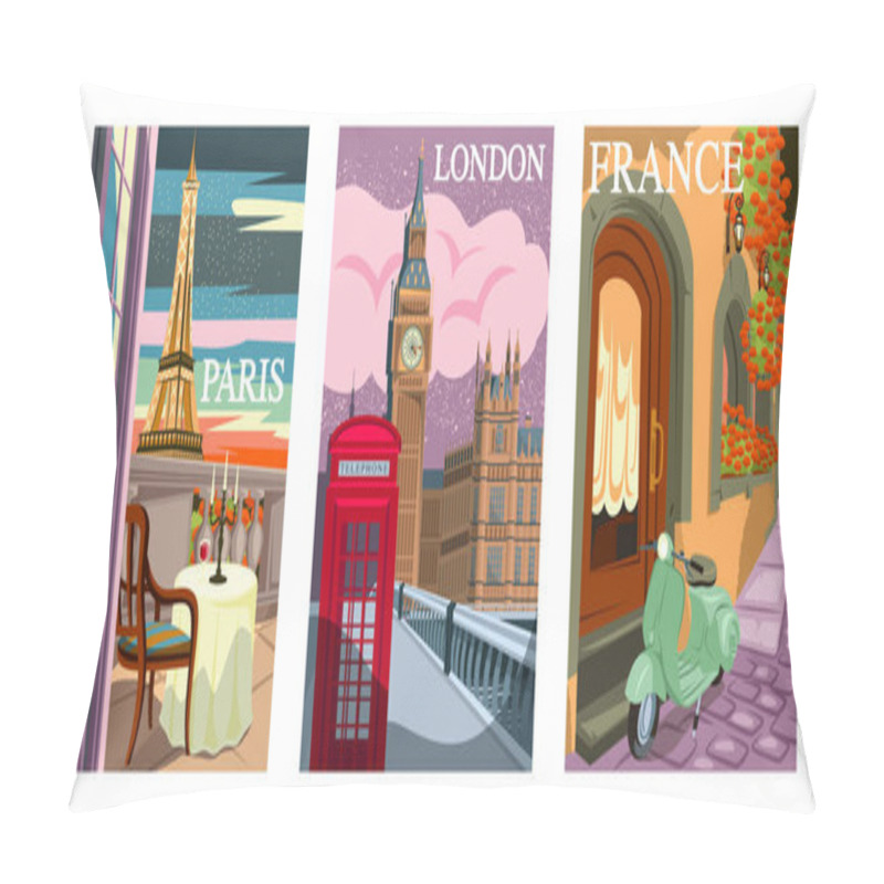 Personality  Set Of Travel Destination Posters. Cityscapes Of London And Paris With Famous Architectural Landmarks. Tourism And Journey In Europe. Cartoon Flat Vector Illustrations Isolated On White Background Pillow Covers