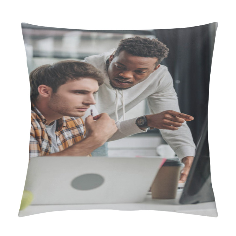 Personality  Serious African American Programmer Pointing At Computer Monitor Near Thoughtful Colleague Pillow Covers