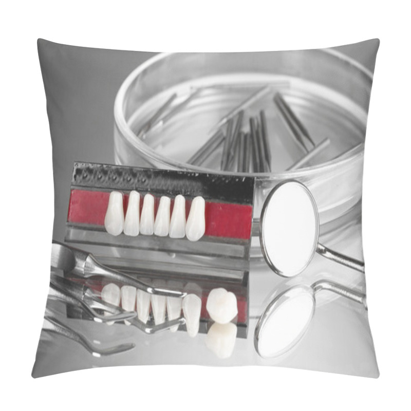 Personality  Set Of Dental Tools With Denture On Grey Background Pillow Covers