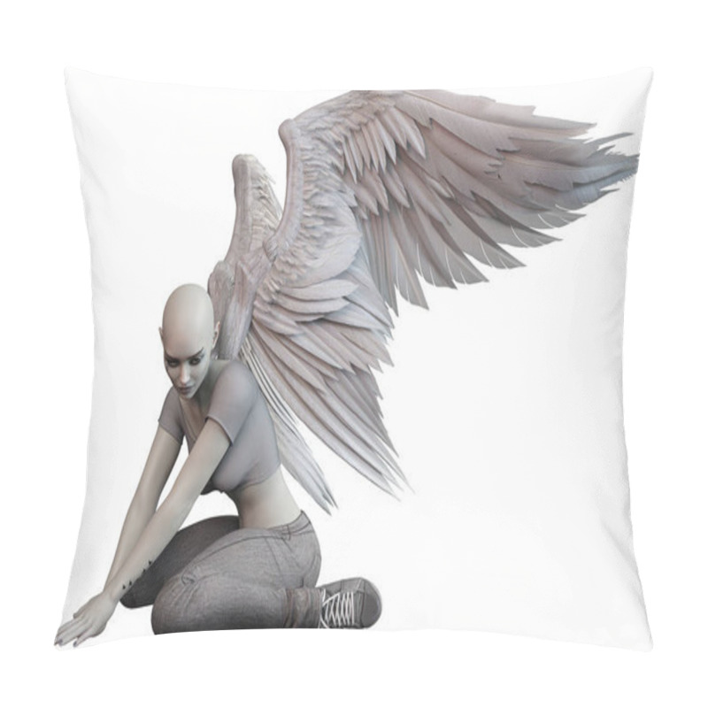 Personality  Fallen Angel With White Wings Caucasian Woman On Isolated White Background, 3D Illustration, 3D Rendering Pillow Covers