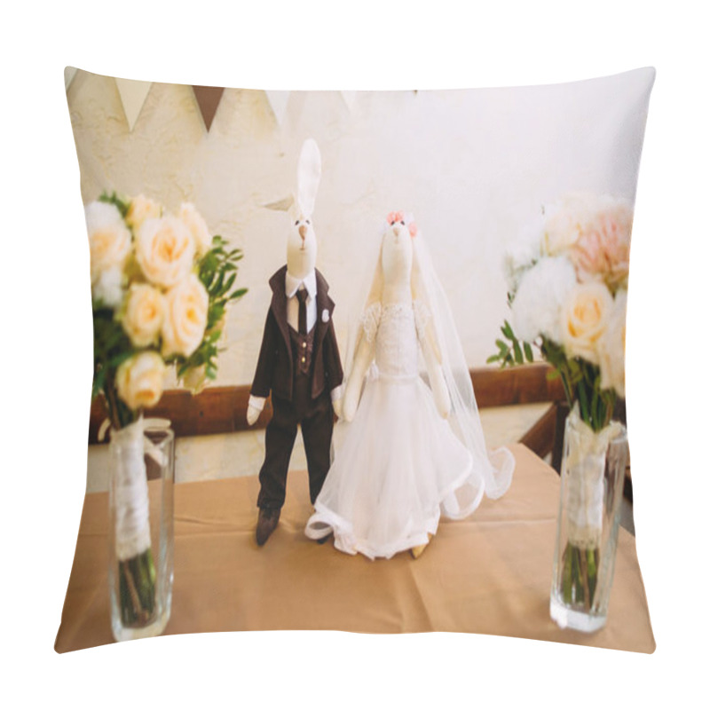 Personality  Wedding Concept. Bride And Fiance. Figurines Of The Bride And Groom With Faces Of Rabbits Pillow Covers