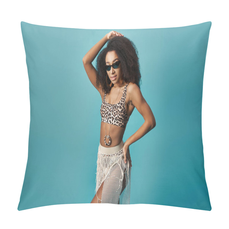 Personality  Young African American Woman In Trendy Leopard Print Top And Skirt Poses Against Blue Backdrop. Pillow Covers