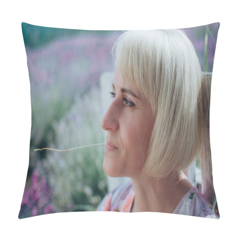 Personality  Portrait Of A Blonde Woman, Holding A Grass Straw In Her Mouth, With A Blurred Lavender Field Pillow Covers