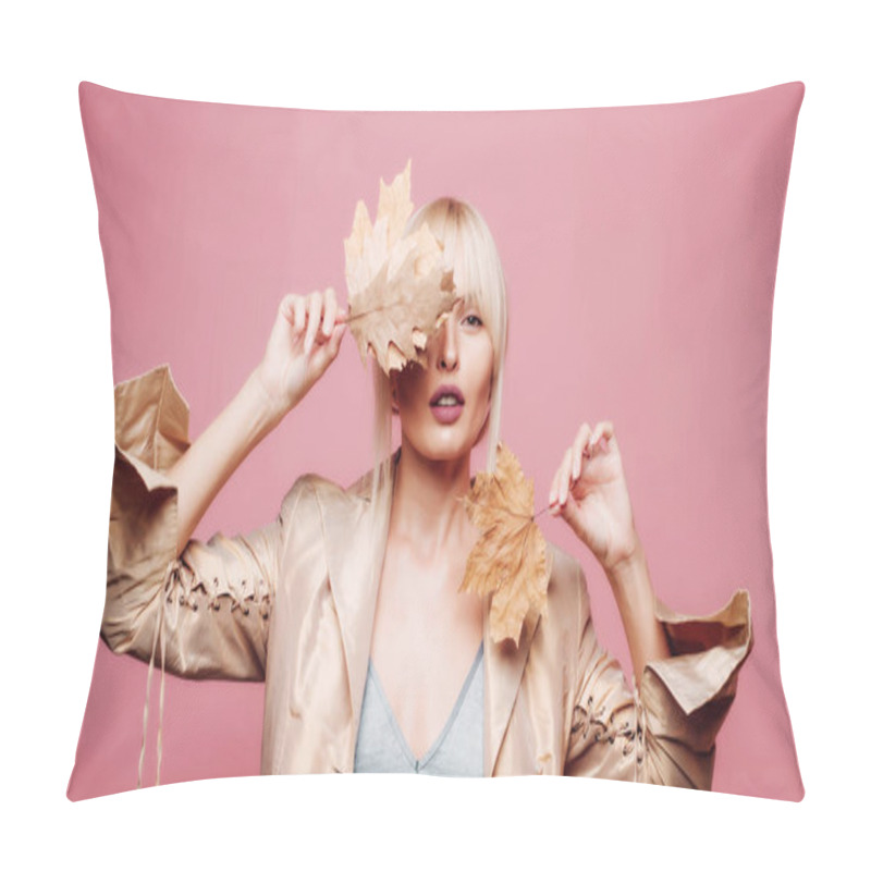 Personality  Autumn Sensual Blonde Girl. Autumn Leaves Festival. Advertisement Concept. Copy Space For Advertising. Promotional Products. Autumn Leaves. Logo For Your. Beauty Face. Pillow Covers