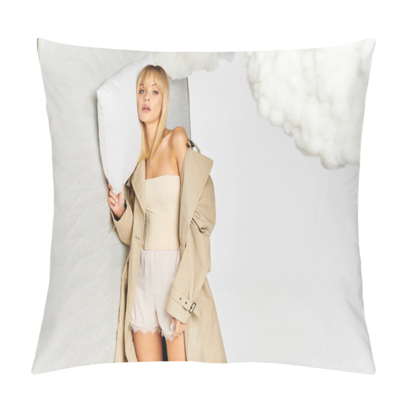 Personality  A Woman Standing Amidst Clouds Near Matress. Pillow Covers