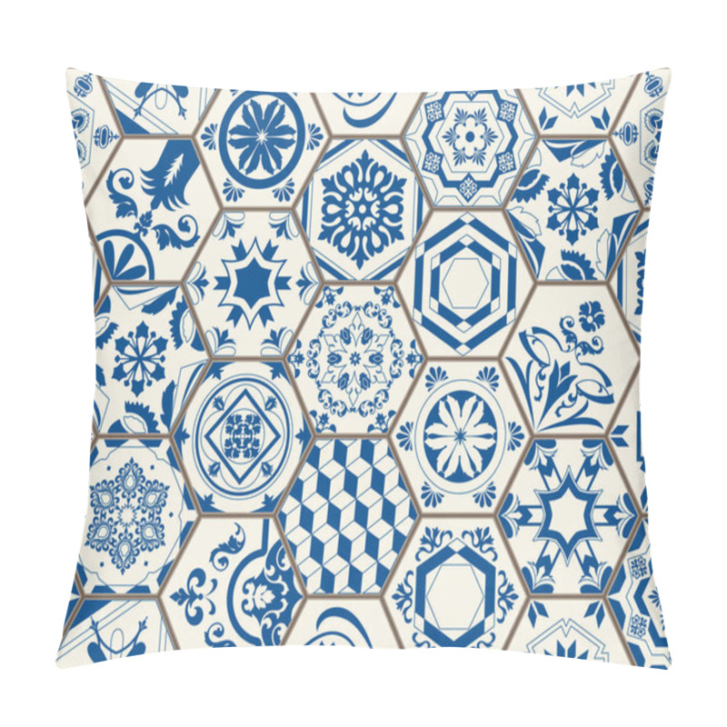 Personality  Lisbon Geometric Tile Vector Pattern, Portuguese Or Spanish Retro Hexagonal Mosaic Tiles, Mediterranean Seamless Navy Design. Decorative Indigo Textile Background Pillow Covers