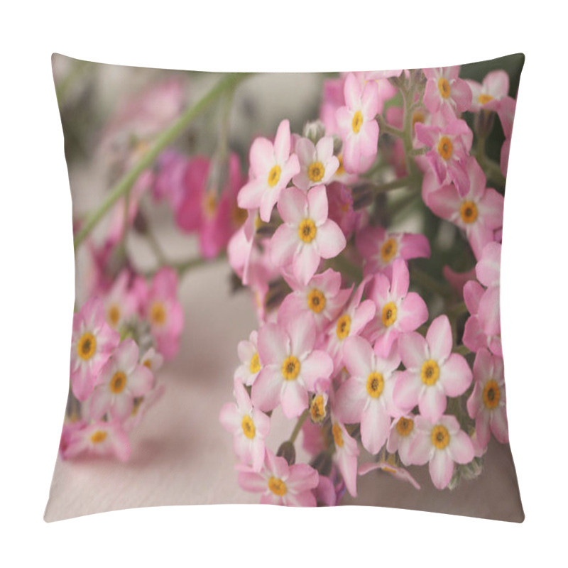 Personality  Beautiful Pink Forget-me-not Flowers On White Wooden Table, Closeup Pillow Covers