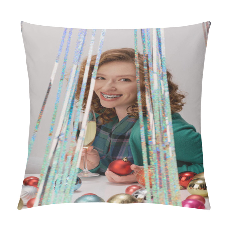 Personality  A Cheerful Young Woman Posing Cheerfully While Surrounded By Vibrant Decorations And Holiday Spirit. Pillow Covers