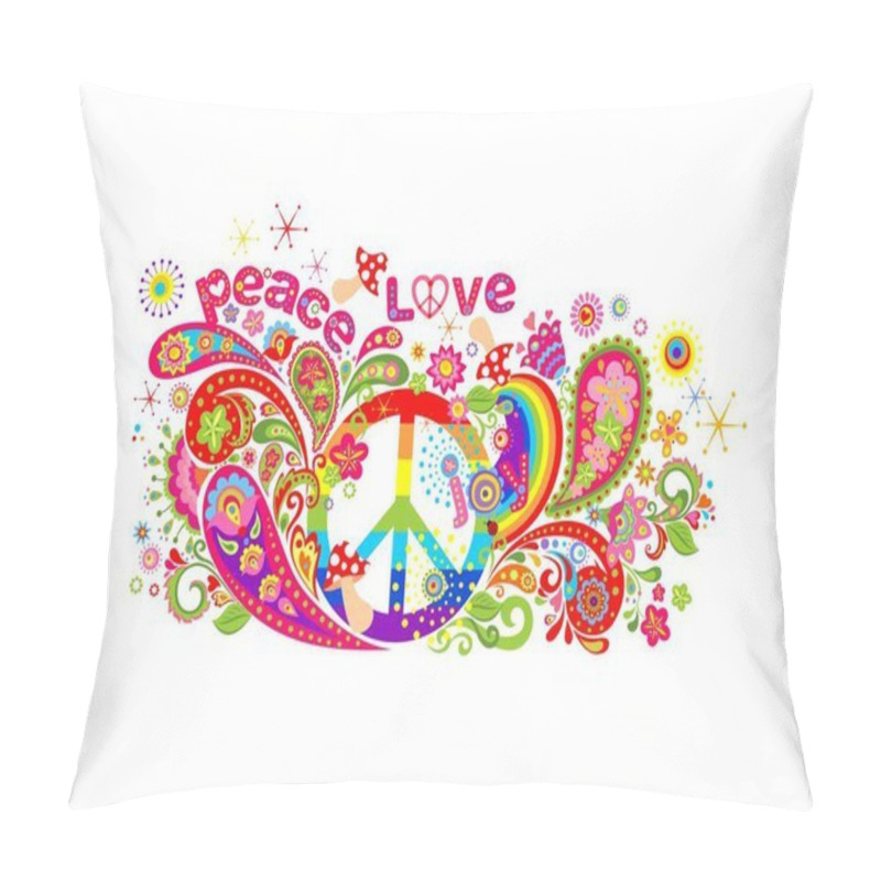 Personality  Colorful T-shirt Design With Hippie Peace Symbol, Abstract Flowers, Mushrooms, Paisley And Rainbow On White Background Pillow Covers