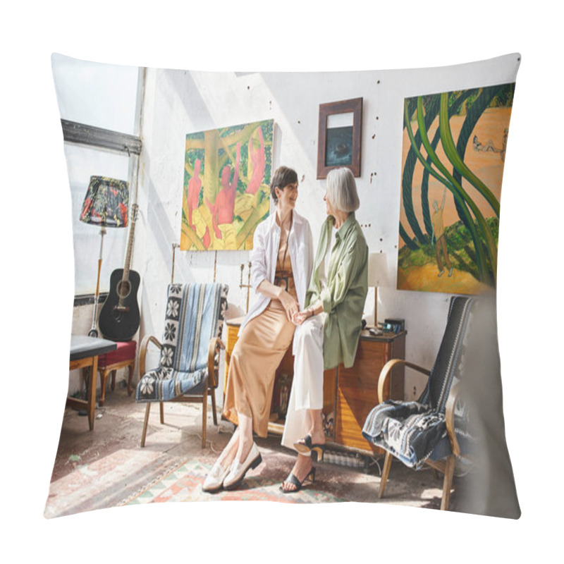 Personality  Mature Lesbian Couple Engaged In Conversation In An Art Studio. Pillow Covers