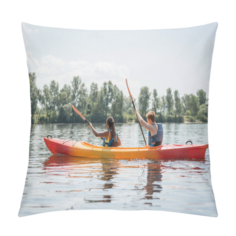 Personality  Side View Of Active Multiethnic Couple In Life Vests Holding Paddles While Sailing In Sportive Kayak On River With Picturesque Bank With Green Trees In Summer Pillow Covers