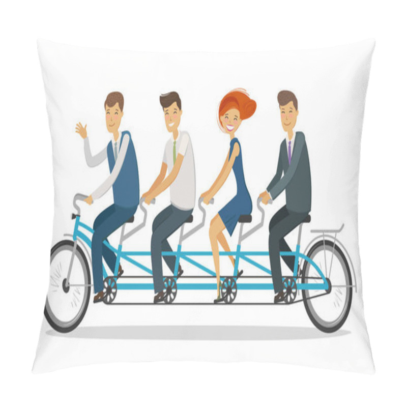 Personality  Teamwork Concept. Business People Or Students Riding Tandem Bike. Cartoon Vector Illustration Pillow Covers