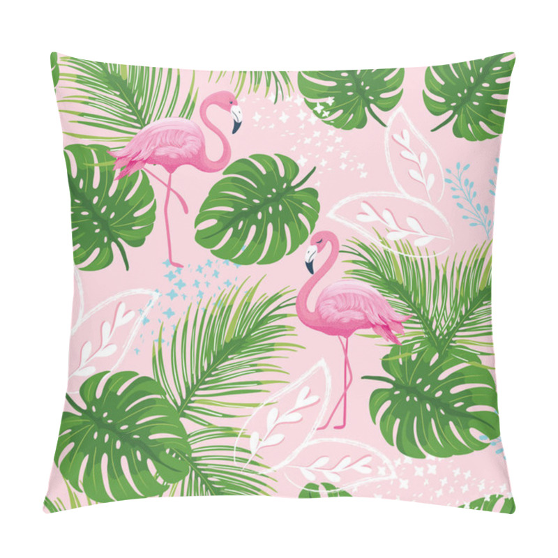 Personality  Seamless Pattern With Tropical Leaves And Pink Flamingos, Vector Illustration Pillow Covers