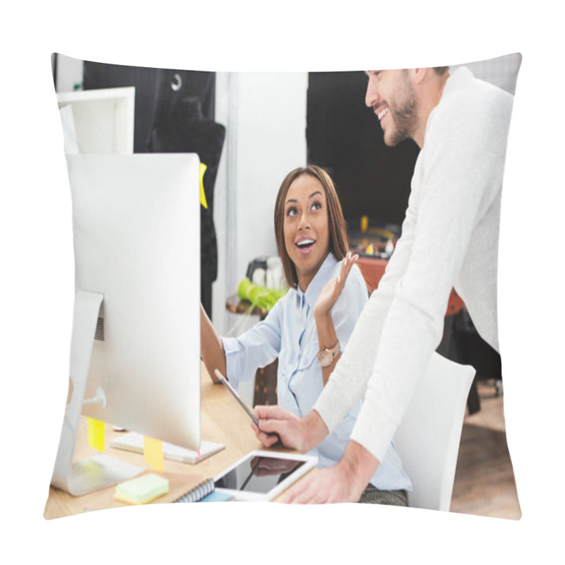 Personality  Multiethnic Business People Discussing New Marketing Strategy At Workplace In Office Pillow Covers