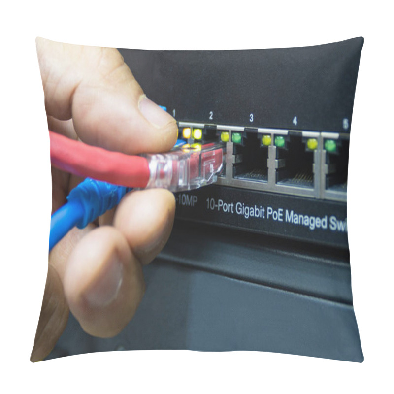 Personality  Technician Connect Cable Network To Switch Port In Server Room , Concept Internet Network Managemen Pillow Covers