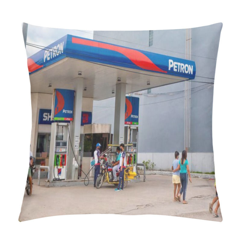 Personality  Puerto Galera, Philippines - May 21, 2021. Street View Of A Petron Service Station, Where A Tricycle Is Being Filled With Gasoline By An Attendant Wearing A Covid Mask. Pillow Covers