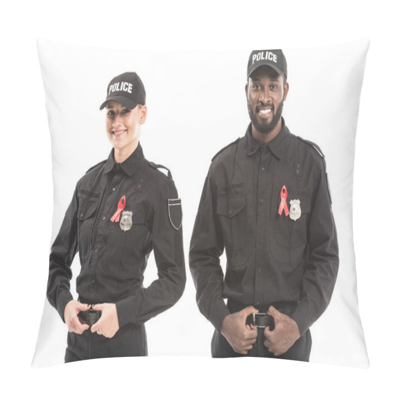 Personality  Confident Multiethnic Police Officers With Aids Awareness Red Ribbons Looking At Camera Isolated On White Pillow Covers