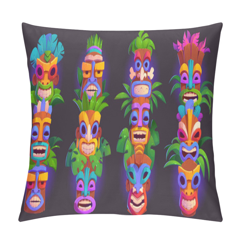 Personality  Hawaii Tiki Mask Pole Tribal Vector Cartoon Glow Icon Set. Hawaiian Or African Face Statue For Tropical Island Beach Party Decoration. Isolated Smile Wooden Warrior Sculpture Tribe Design Collection Pillow Covers